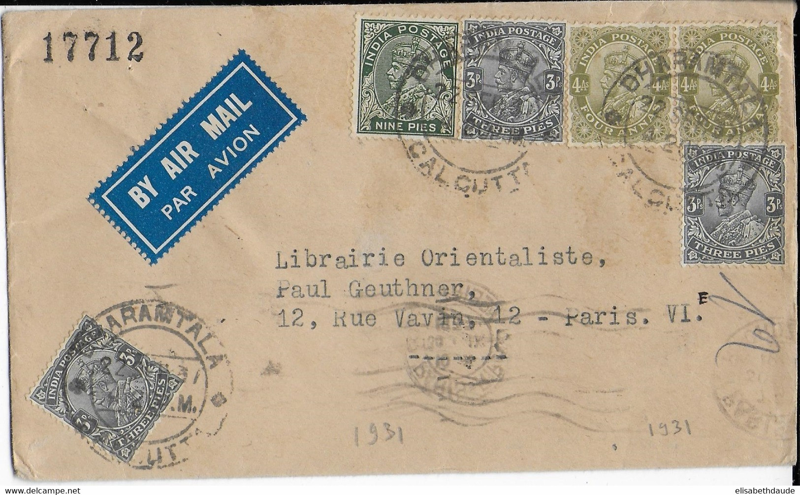 INDIA - 1937 - ENVELOPPE AIRMAIL De CALCUTTA => PARIS - 1911-35 King George V