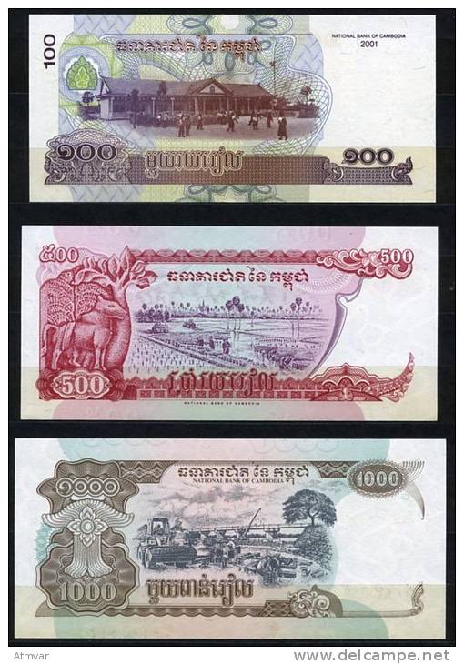 CG045. CAMBODIA / CAMBODGE - 100 (2001) - 500 (1998) - 1000 (1999) RIELS - UNC Mint, Uncirculated - Angkor Wat (2 Scans) - Cambodia