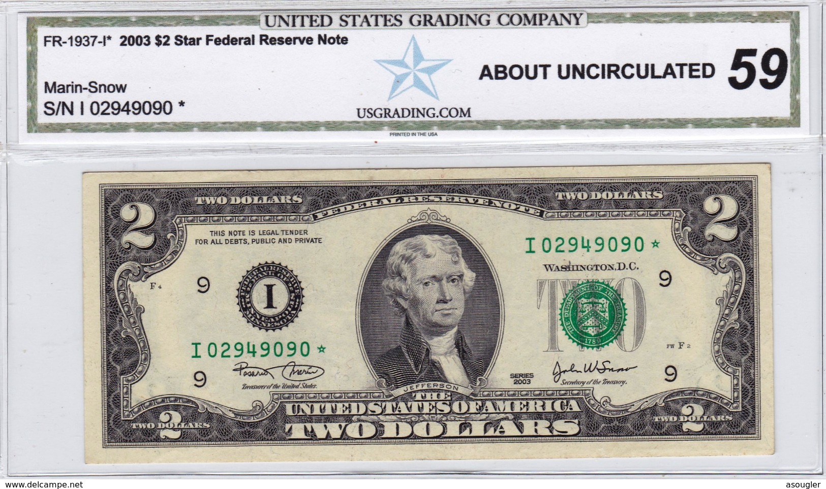 USA 2 $ DOLLARS 2003 STAR NOTE AU 59  (free Shiping Via Registered Air Mail) - Biljetten Van De  Federal Reserve (1928-...)
