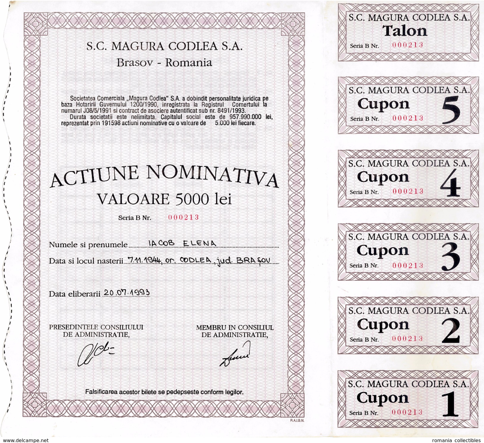 Romania, 1993, Magura Codlea Company - Vintage Bond Certificate & Coupons, 5000 Lei - M - O