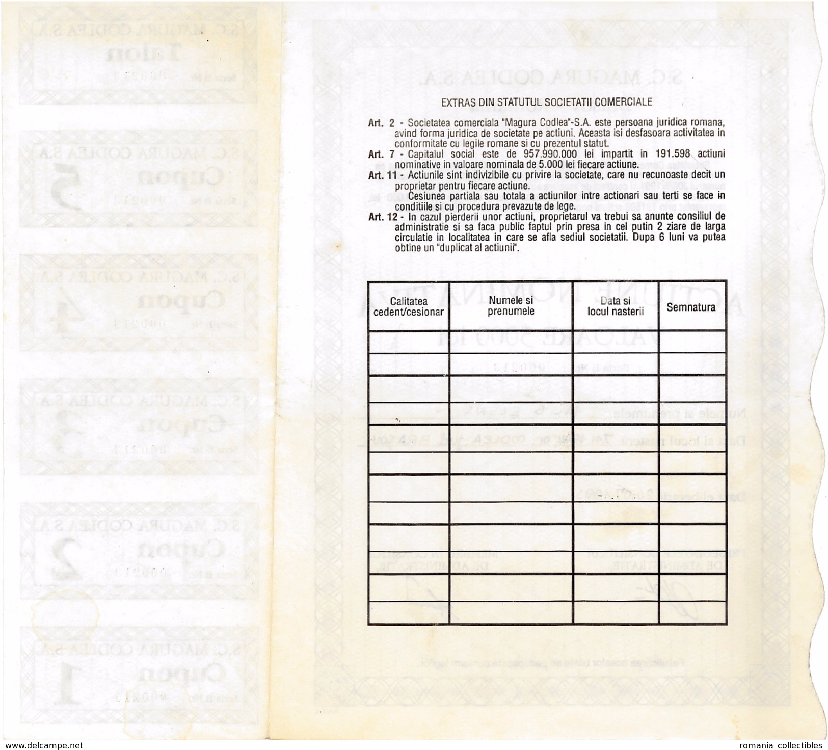 Romania, 1993, Magura Codlea Company - Vintage Bond Certificate & Coupons, 5000 Lei - M - O