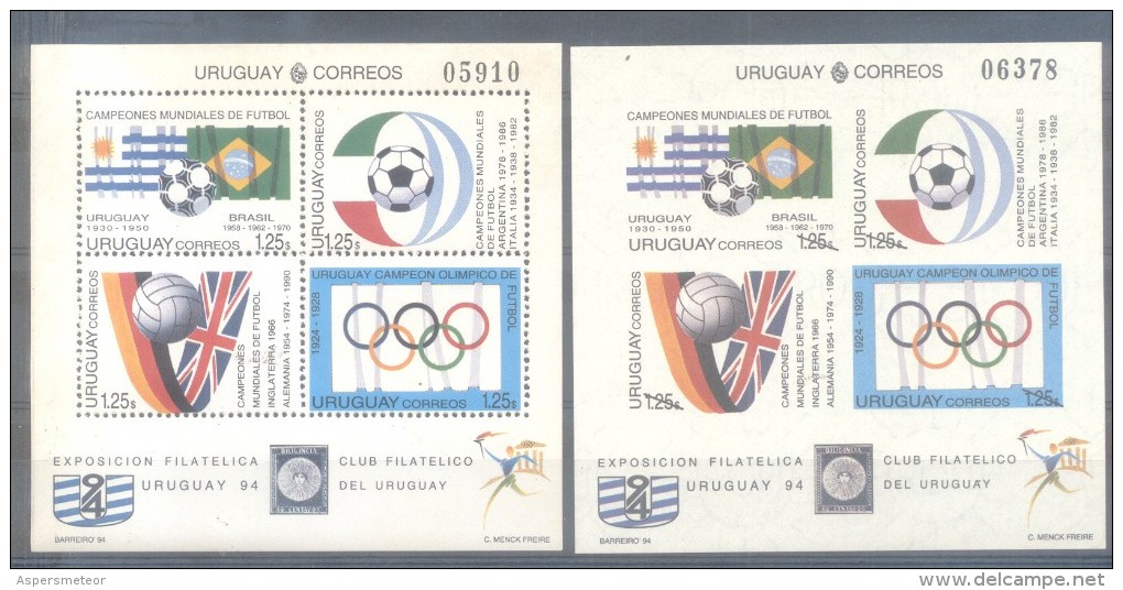 URUGUAY AÑO 1994 BLOQUE YVERT NR. 48 ET 48A MNH TBE COUPE DU MONDE DE FOOTBALL CAMPEONES MUNDIALES DE FUTBOL - 1994 – USA