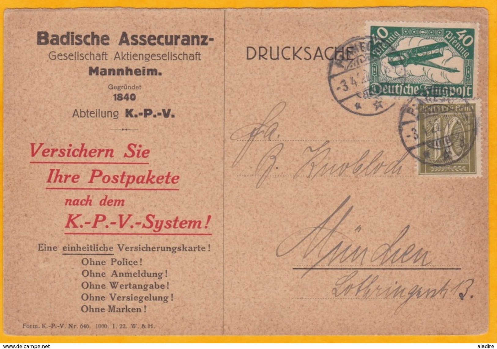 1922 - CP Commerciale De Mannheim Vers Munich, Allemagne - Affrt 50 Pf Dont 1 Timbre Par Avion - Lettres & Documents