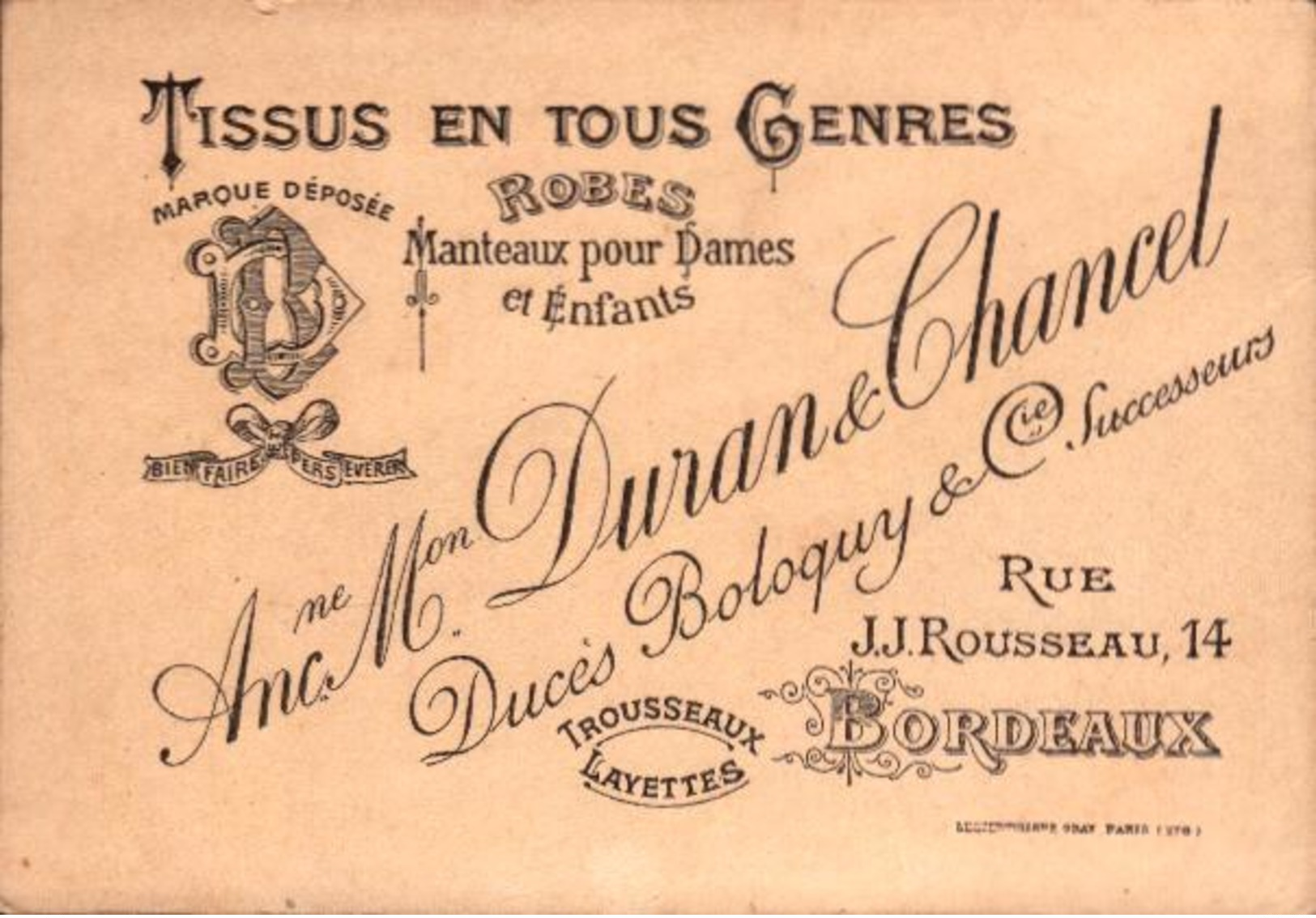 2 Chromos - Ancienne Maison Duran Et Chancel - Bordeaux - Trousseaux Layettes - Divers  - Bill-664 -  R/V - Altri & Non Classificati