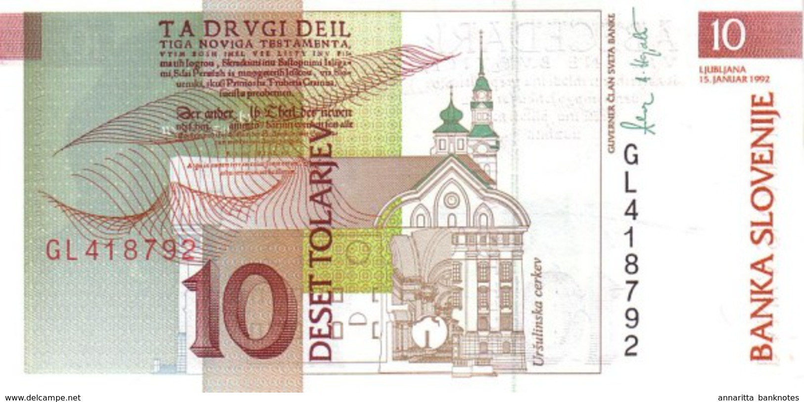 SLOVENIA 10 TOLARJEV 1992 P-11 UNC [SL301a] - Slovénie