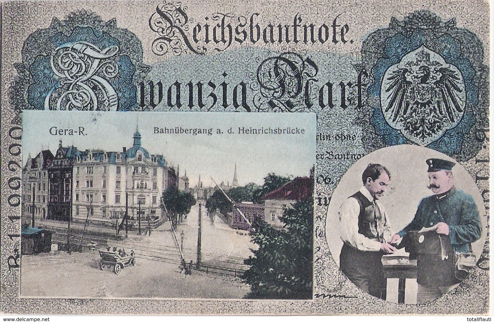 GERA Reuß Passepartout Geldscheinkarte Postbote Geld Briefträger Wappen Bahn Übergang Heinrichsbrücke Gelaufen 4.11.1909 - Gera