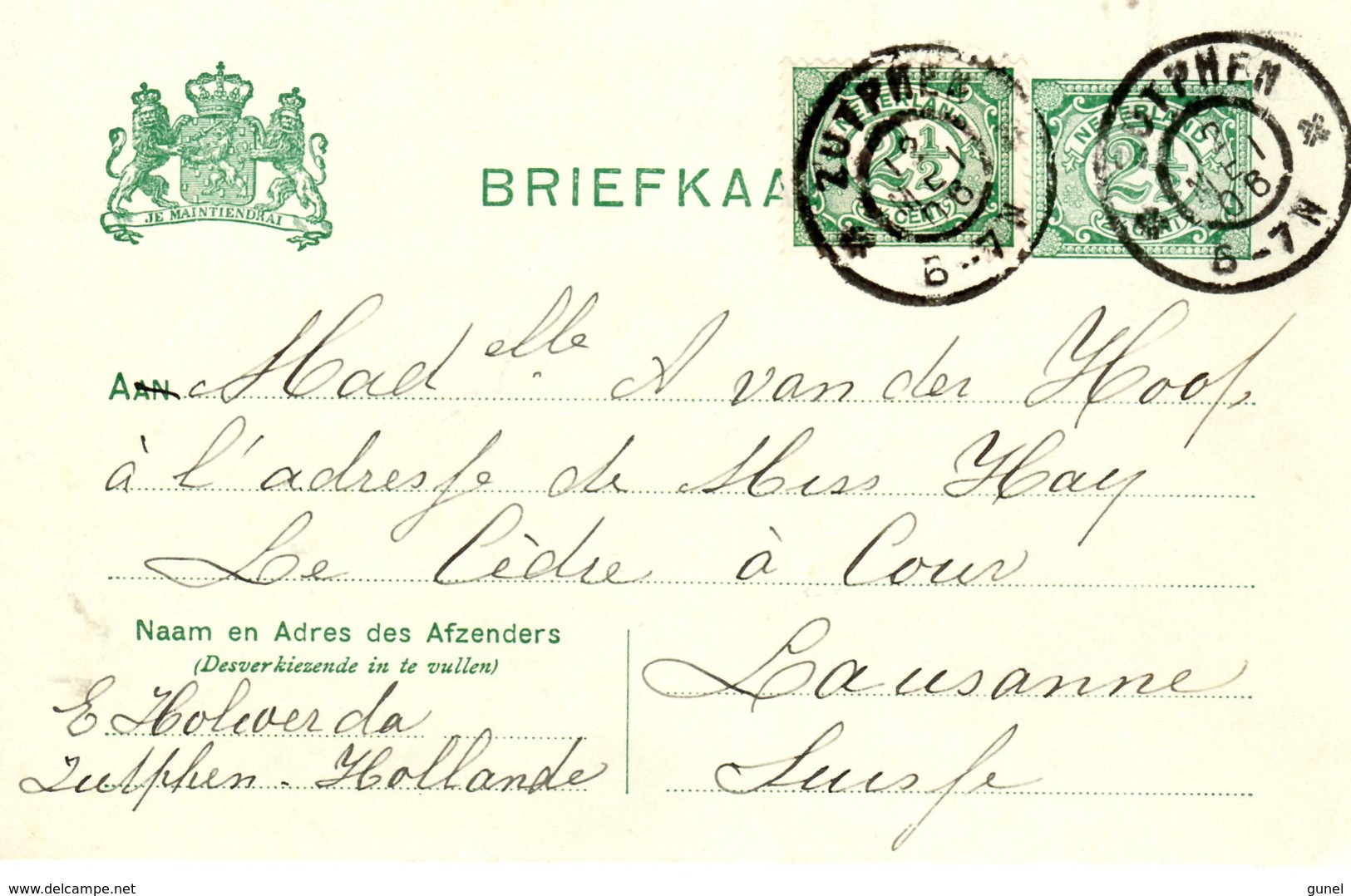 1906 BK G67  Bijgefrankeerd Van Zutphen Naar Lausanne - Postwaardestukken