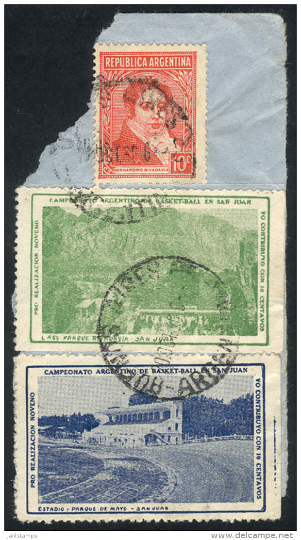 9th Argentina BASKETBALL Championship In San Juan, 2 Rare Cinderellas Of 10c. + Postage On Fragment Of A Cover... - Autres & Non Classés