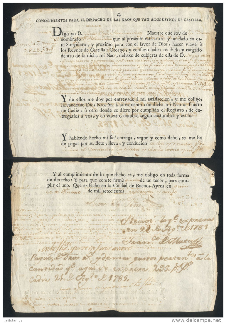 15/JA/1785, Bill Of Lading For The Shipment Of 147 Doubloons Of 16 Ounces To Pay A Debt In C&aacute;diz, Which Were... - Autres & Non Classés