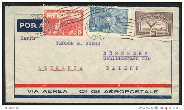 21/JUN/1932 RIO GALLEGOS - Germany: Airmail Cover Sent By Air France Franked With 1.05P., With Transit Backstamp Of... - Autres & Non Classés