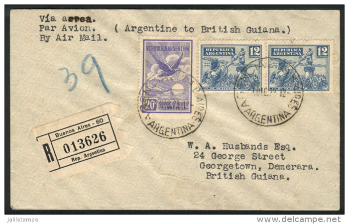 7/DE/1929 Buenos Aires - BRITISH GUIANA: Registered Airmail Cover, Franked With 44c. (including GJ.659 X2), With... - Autres & Non Classés