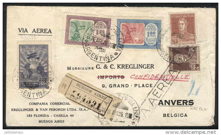 Registered Airmail Cover Sent To Belgium On 16/AU/1929 With Handsome Postage Of 3.50P., VF Quality! - Autres & Non Classés