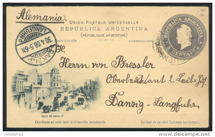 6c. Postal Card With View Of "San Fe Street", Sent From Buenos Aires To DANZIG On 7/AP/1908, With Arrival Mark On... - Autres & Non Classés