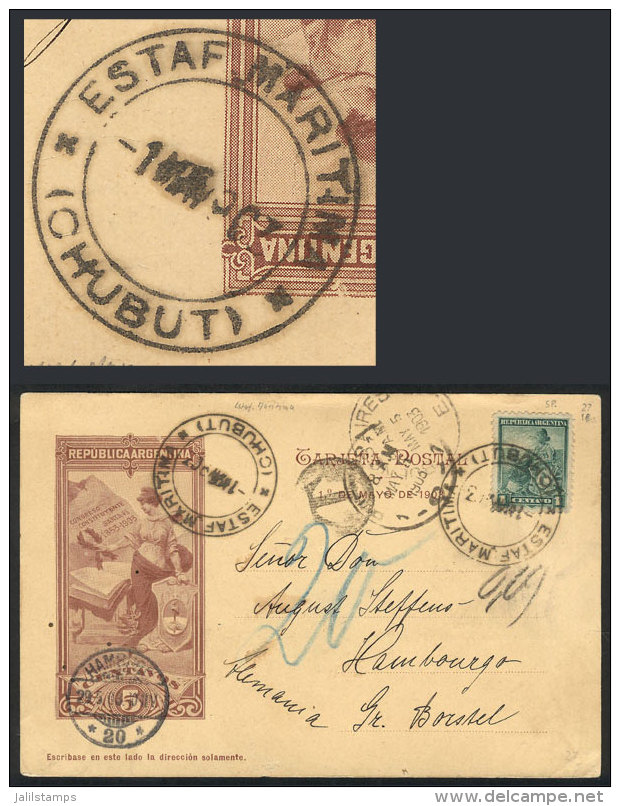 5c. Postal Card + 1c. Liberty Sent To Germany On 1/MAY/1903, Cancelled "ESTAF. MARITIMA - (CHUBUT)", Buenos Aires... - Autres & Non Classés