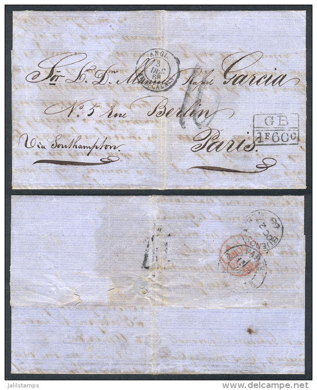 26/OCT/1868 BUENOS AIRES - Paris: Letter Sent By British Mail, On Reverse It Bears A Datestamp Of The British... - Autres & Non Classés