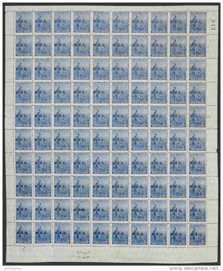GJ.578, 1912 12c. Plowman With M.R.C. Overprint, Complete Sheet Of 100 Stamps, Including Some Overprint VARIETIES,... - Service