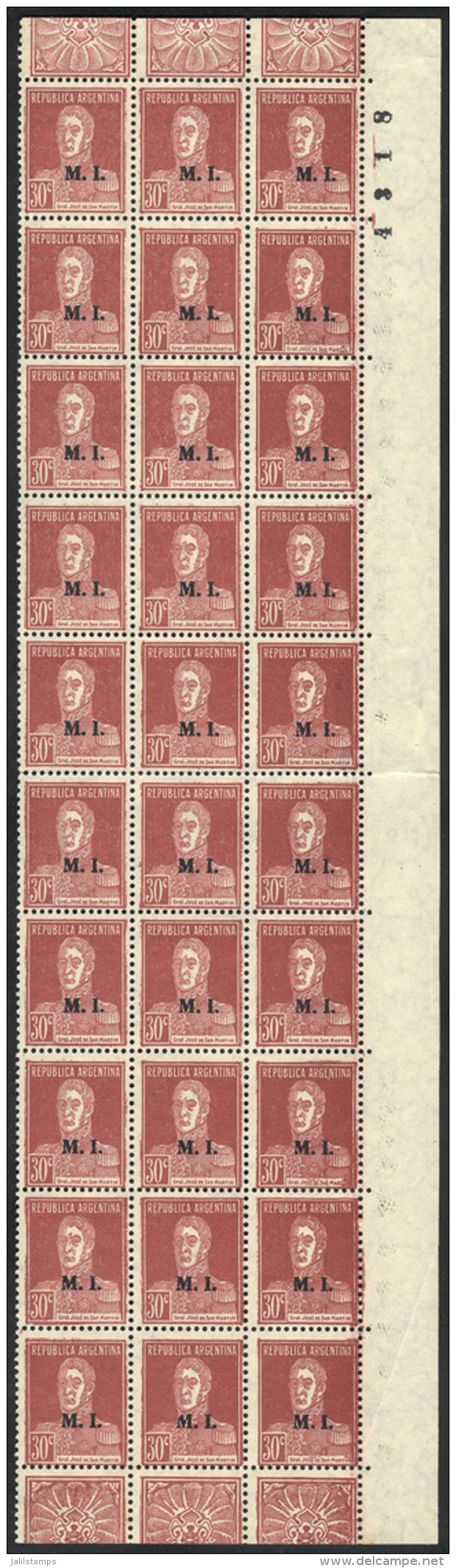 GJ.334, 1931 30c. San Mart&iacute;n Typographed, Beautiful Block Of 30 (right Sheet Margin), Mint No Gum, VF... - Dienstmarken
