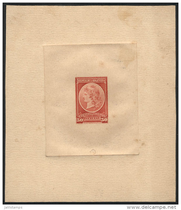 GJ.40, DIE PROOF Of The 50c. Value In Red, Printed On Card With Opaque Front, VF Quality, Very Rare! - Service