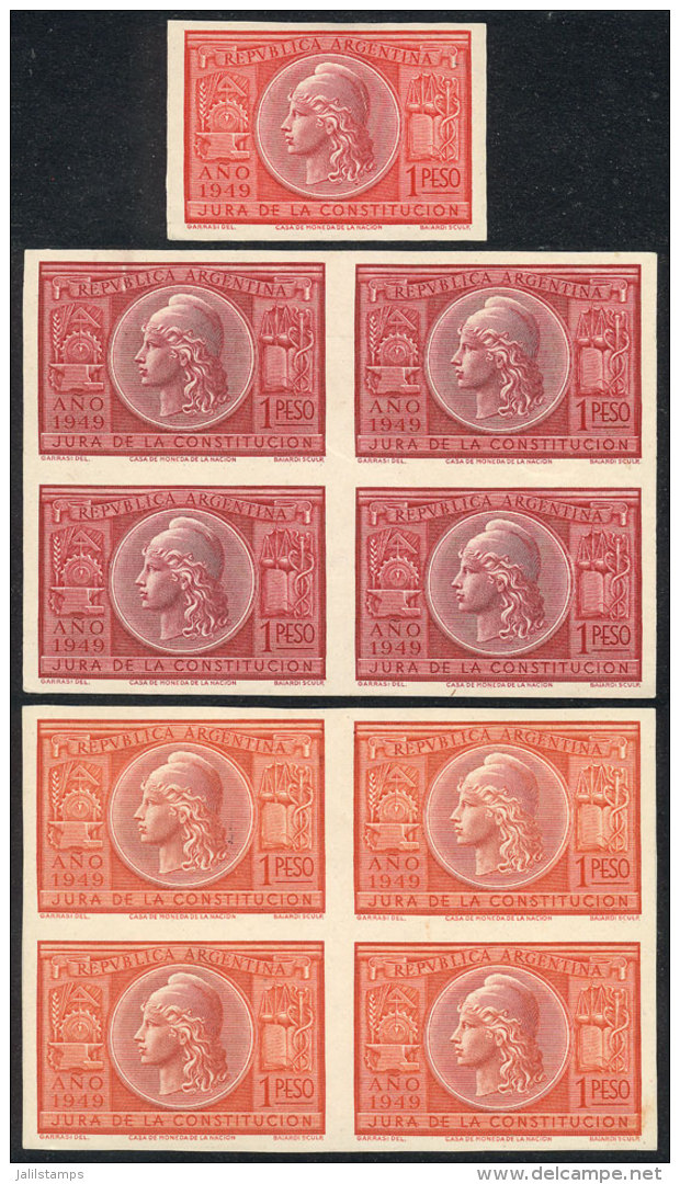 GJ.973, 1949 Constitution, Trial Color PROOFS, 2 Blocks Of 4 In Unadopted Colors And One Single In The Adopted... - Autres & Non Classés