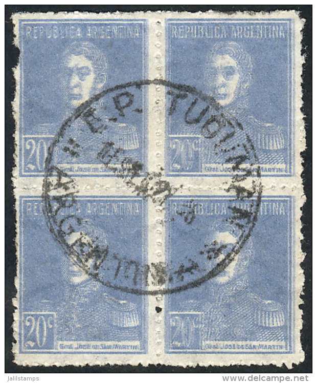 GJ.602a, 1924 20c. San Mart&iacute;n, Block Of 4 With COMPLETE DOUBLE IMPRESSION Variety, Used In Tucum&aacute;n,... - Autres & Non Classés