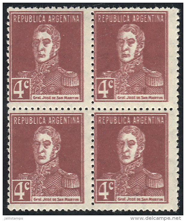 GJ.598a, 1924 4c. San Mart&iacute;n, Block Of 4 With DOUBLE IMPRESSION Variety, Excellent Quality (the Top Stamps... - Autres & Non Classés