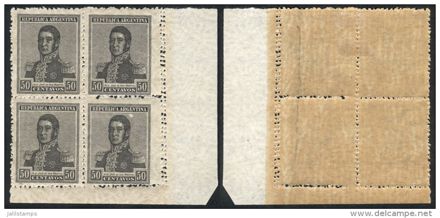 GJ.509, 1920 50c. San Mart&iacute;n With Multiple Suns Wmk, Block Of 4 With DOUBLE Vertical Perforation At Right... - Autres & Non Classés