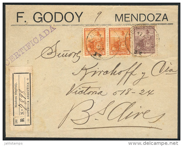 GJ.230 (24c. Liberty) + 220 X2, Franking A Front Of Registered Cover Sent From MENDOZA To Buenos Aires, Excellent... - Autres & Non Classés