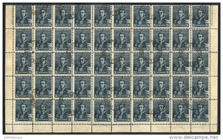 GJ.151, 1892 5P. San Mart&iacute;n, Large Used Block Of 50 Stamps (lower Half Of The Sheet), Excellent Quality! - Autres & Non Classés