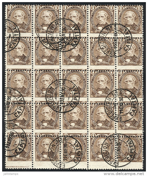 GJ.121, 1889 1c. V&eacute;lez Sarsfield PERFORATION 11&frac12; X 12, Beautiful Used Block Of 25 Stamps With... - Autres & Non Classés