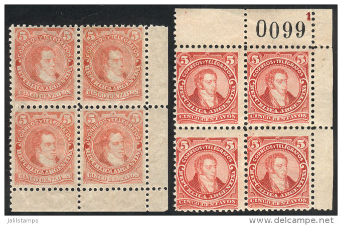 GJ.105 + 106, 1889 5c. Rivadavia Type I And II (large And Small Head), Corner Blocks Of 4, Superb, MNH (in The... - Autres & Non Classés