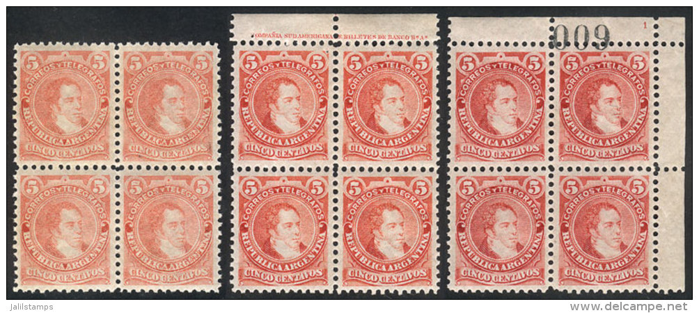 GJ.105, 1889 5c. Rivadavia Type I (large Head), 3 Blocks Of 4 In VERY DIFFERENT COLORS, MNH, VF Quality (only 1... - Autres & Non Classés