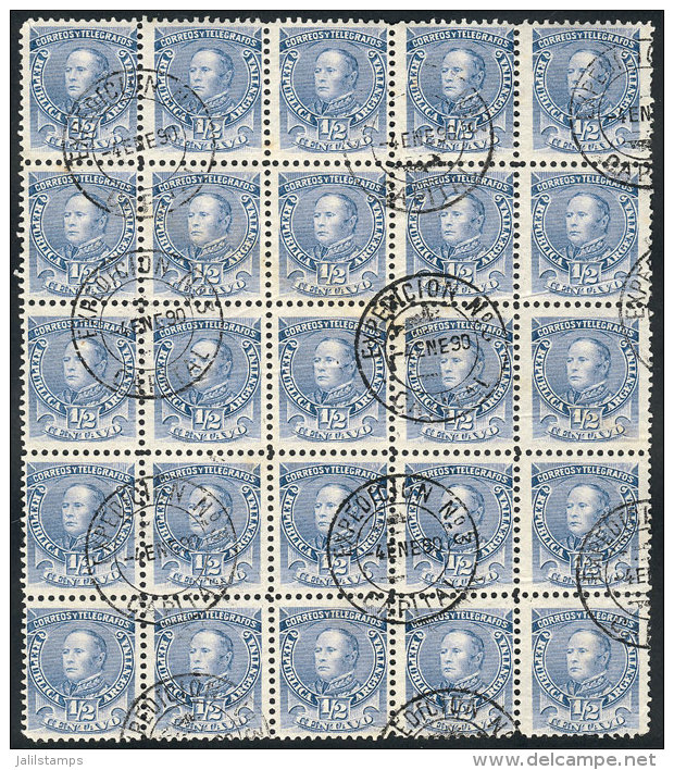 GJ.97, 1889 &frac12;c. Urquiza, Fantastic Used Block Of 25 Stamps, Superb! - Autres & Non Classés
