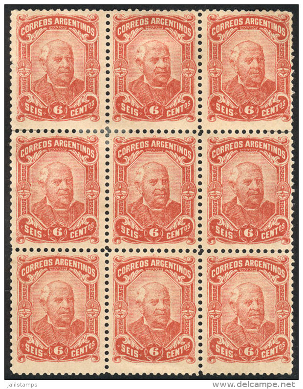 GJ.86, 1888 6c. Sarmiento, Block Of 9 Stamps, Mint No Gum, VF, Catalog Value US$405 - Autres & Non Classés