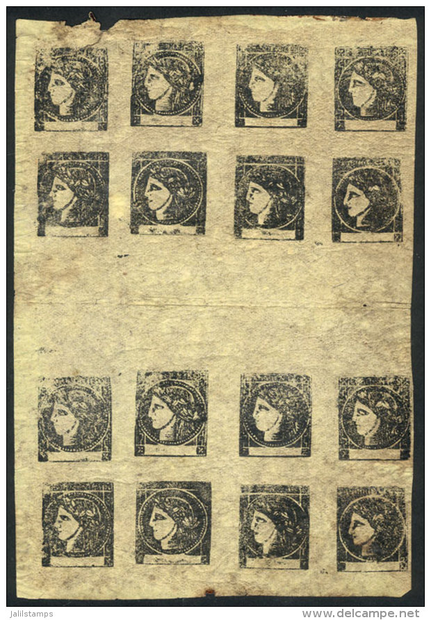 GJ.6, Yellow, Fantastic Block Of 16 With GUTTERS, Formed By 2 Blocks Of 8, With Brown Gum, The Central Stamps (and... - Corrientes (1856-1880)