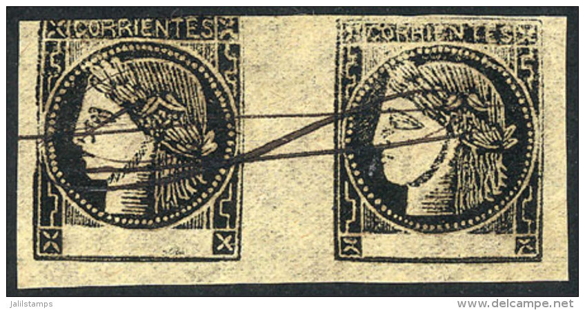 GJ.6, Oily Impression, Beautiful Horizontal Pair With Pen Cancel, VF Quality! - Corrientes (1856-1880)