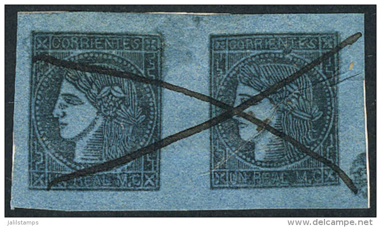 GJ.1c, Un Real M.C. Blue, Oily Impression, Beautiful Pair With Pen Cancel, Excellent Quality, Rare! - Corrientes (1856-1880)