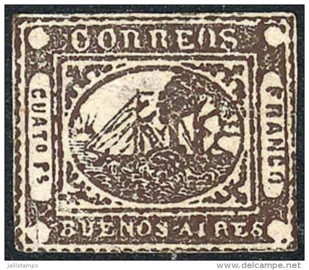 GJ.9, 4 Rs. Dark Chestnut, Fantastic Color And Very Nice Example, With Minor Defects But Well Repaired (tiny Tear... - Buenos Aires (1858-1864)