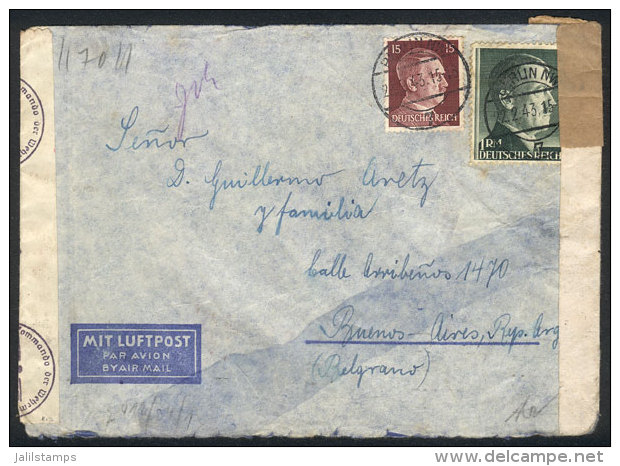 Cover Franked With Hitler Stamps Michel 789+799, Sent Airmail To Argentina, Postmarked BERLIN 22/FEB/43, With... - Briefe U. Dokumente