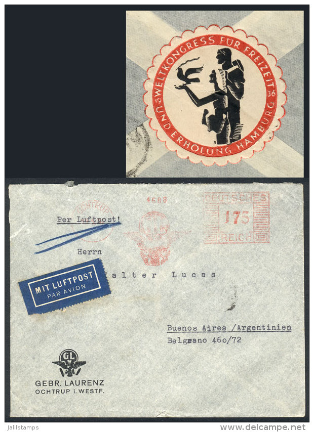 Airmail Cover With Meter Postage Sent To Argentina On 19/MAY/1936, With Interesting CINDERELLA On Reverse Of The... - Lettres & Documents