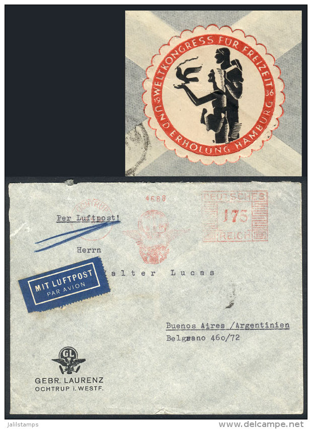 Airmail Cover With Meter Postage Sent To Argentina On 19/MAY/1936, With Interesting CINDERELLA On Reverse Of The... - Covers & Documents