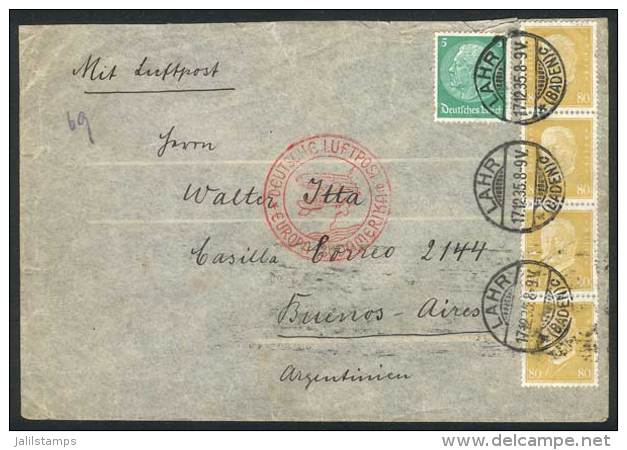 Air Mail Cover Sent From Lahr To Argentina On 17/DE/1935, Franked By Mi.437 Strip Of 4 + Another Value, Very Fine! - Lettres & Documents