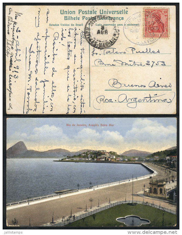 PC With View Of Rio De Janeiro, Franked With 10Pf. And Dispatched Onboard A German Ship AT SEA, With Oval Cancel... - Lettres & Documents