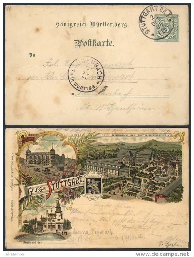 5Pf. W&uuml;rttemberg Postal Card Illustrated On Reverse (Gruss Aus Stuttgart), Used On 2/OC/1896, Very Nice! - Gebraucht