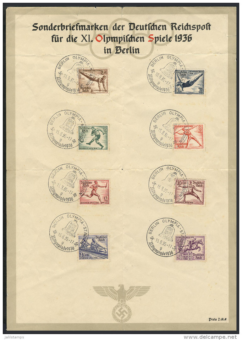 Yvert 565/572, 1936 Berlin Olympic Games, The Set Of 8 Values On A Sheet With Special Olympic Postmarks, The Sheet... - Gebraucht