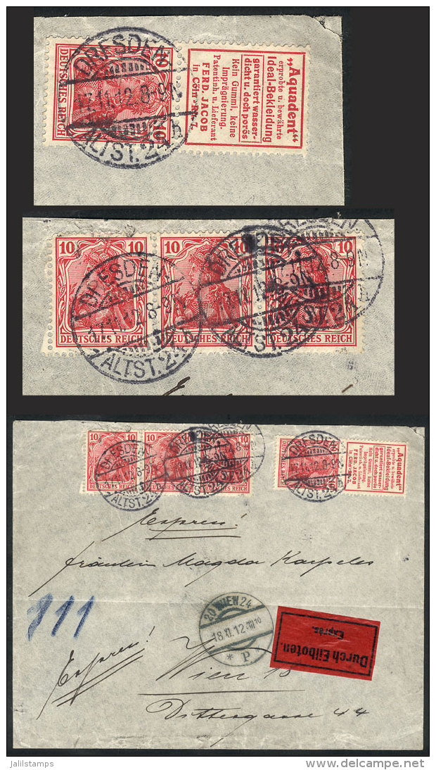 Michel S2.12 (with Advertising Label For AQUADENT) + 10Pg. Strip Of 3, Franking An Express Cover Sent From Dresden... - Briefe U. Dokumente