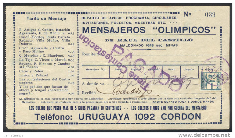 Receipt Of The Year 1929 Of Messenger Company MENSAJEROS OL&Iacute;MPICOS (the Name Made Reference To The Uruguay... - Sonstige & Ohne Zuordnung