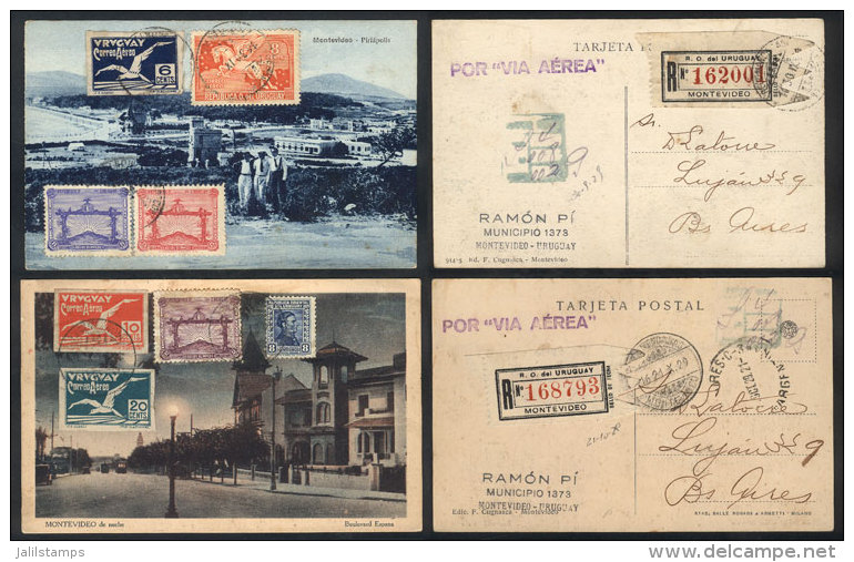 2 Postcards Sent By Registered Airmail From Montevideo To Buenos Aires In 1929, Franked By Sc.388/390 (Football... - Sonstige & Ohne Zuordnung