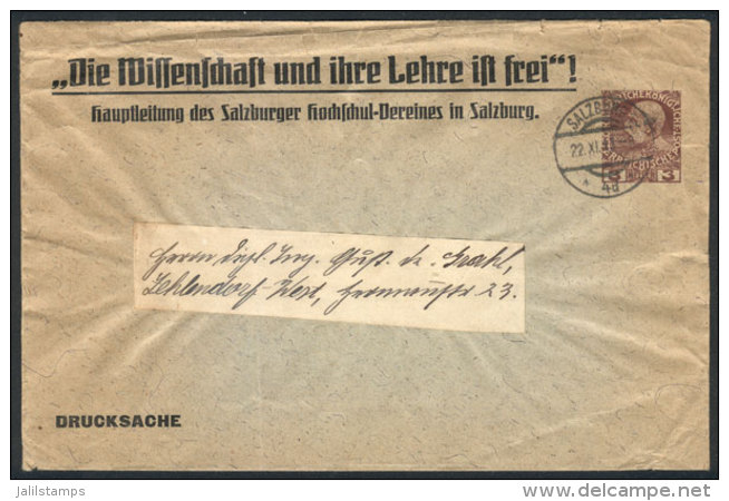 Cover For Printed Matter, With Printed "Salzburger Hochschul-Vereines" And Imprinted 1908 3H. Chestnut Stamp,... - Autres & Non Classés