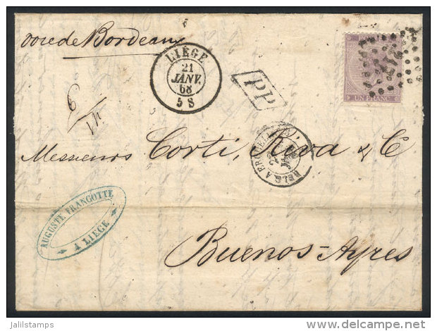 21/JA/1868 LIEGE - Argentina: Folded Cover Franked By Sc.22 (Leopold I 1Fr.), Numeral "217" Cancel, Sent By French... - Autres & Non Classés