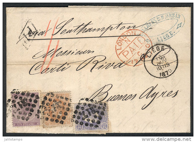 RARE COMBINATION: 16/NO/1870 LIEGE - Argentina: Entire Letter Franked By Sc.22 (Leopold I 1Fr.) + 33 + 34 (Leopold... - Autres & Non Classés